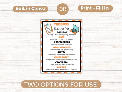 Editable Boss Survival Kit Gift Tags