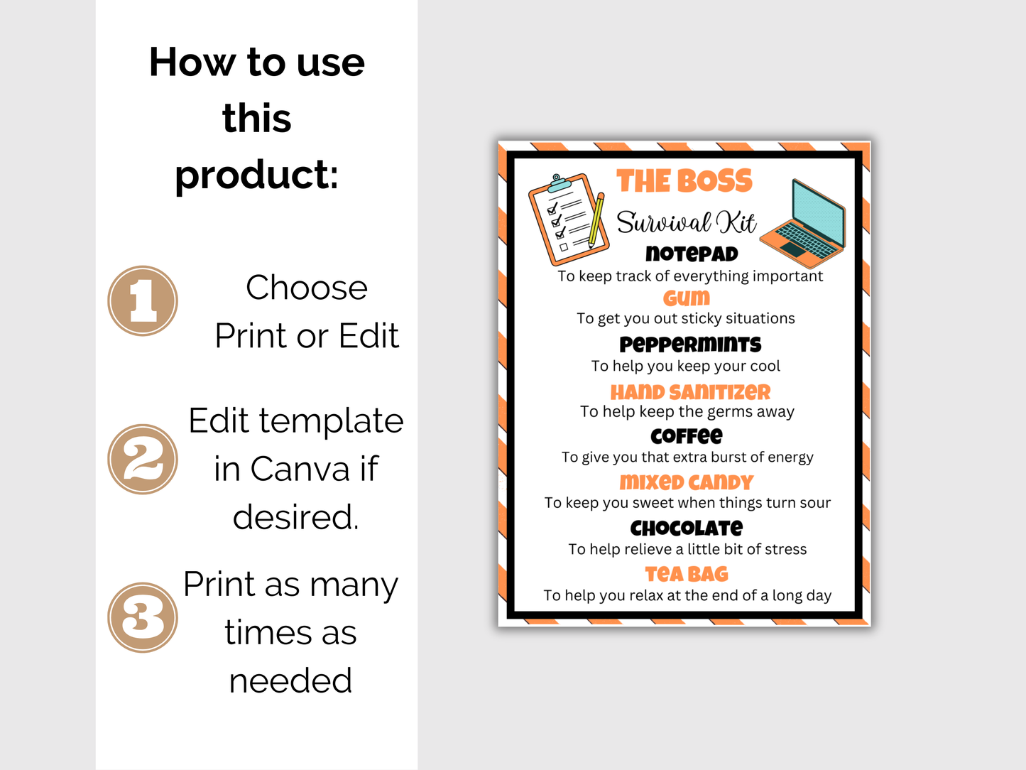 Editable Boss Survival Kit Gift Tags