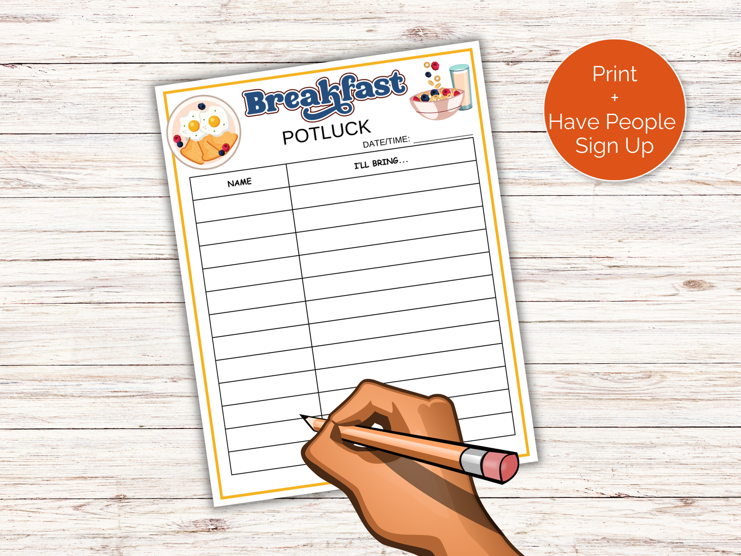Breakfast Potluck Sign Up Sheet