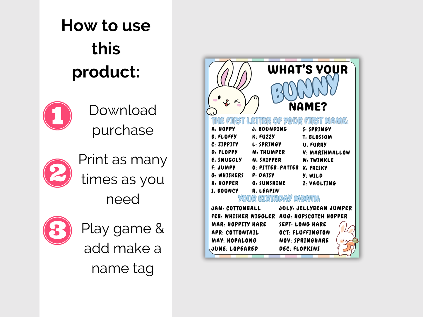 What's Your Bunny Name Game + Name Tags