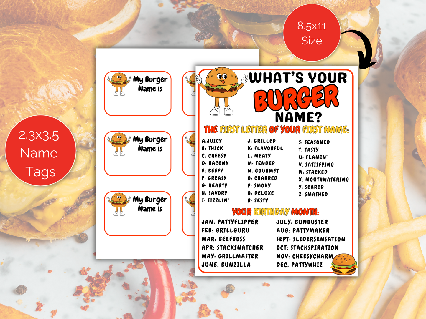 What's Your Burger Name Game + Name Tags