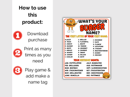 What's Your Burger Name Game + Name Tags
