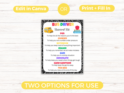 Editable Bus Driver Survival Kit Gift Tags