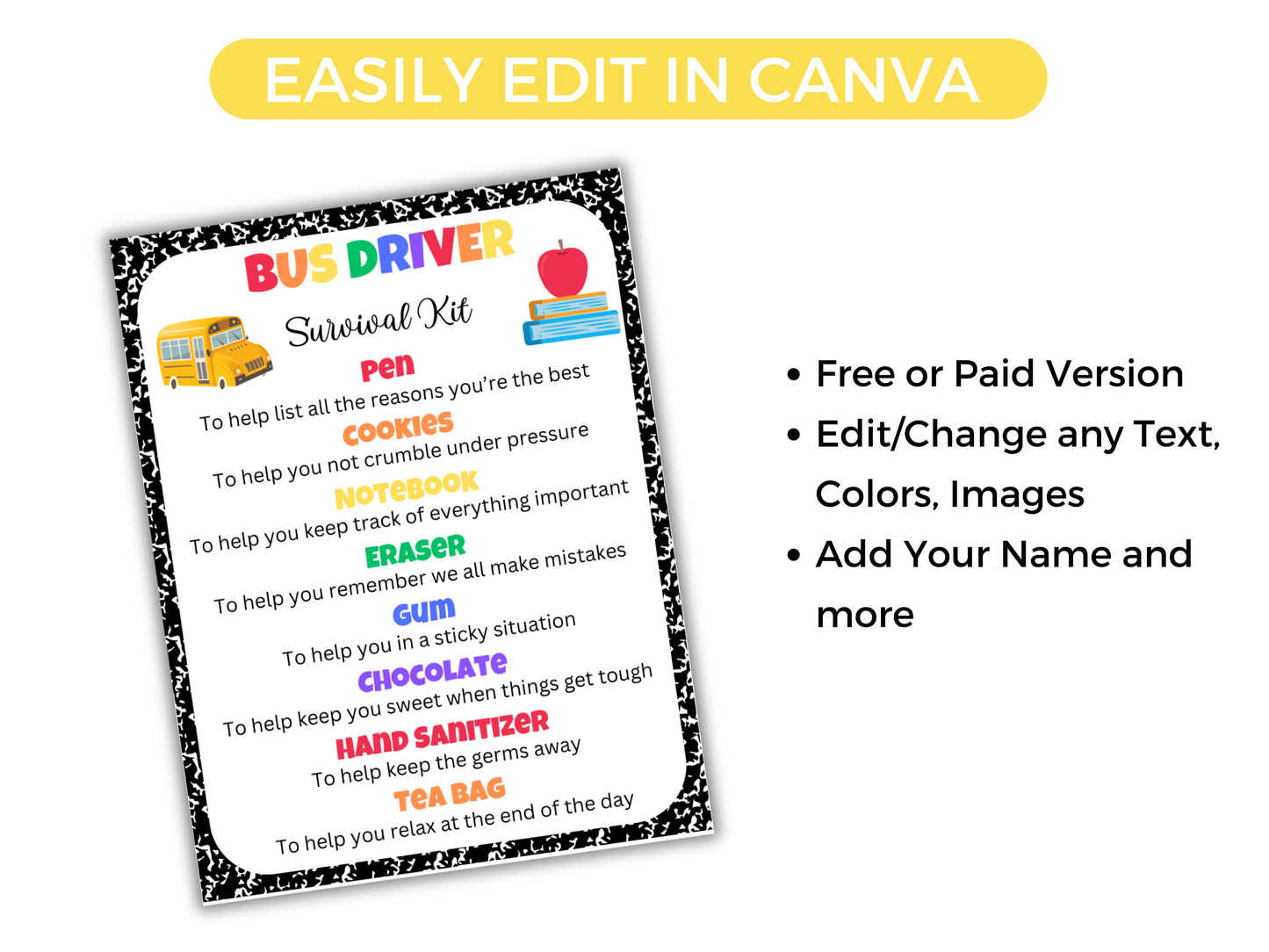 Editable Bus Driver Survival Kit Gift Tags