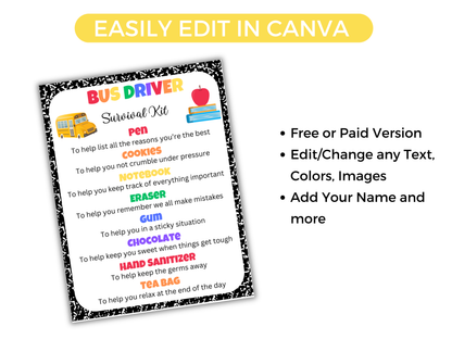 Editable Bus Driver Survival Kit Gift Tags
