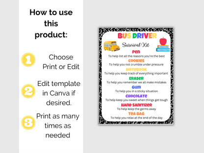 Editable Bus Driver Survival Kit Gift Tags