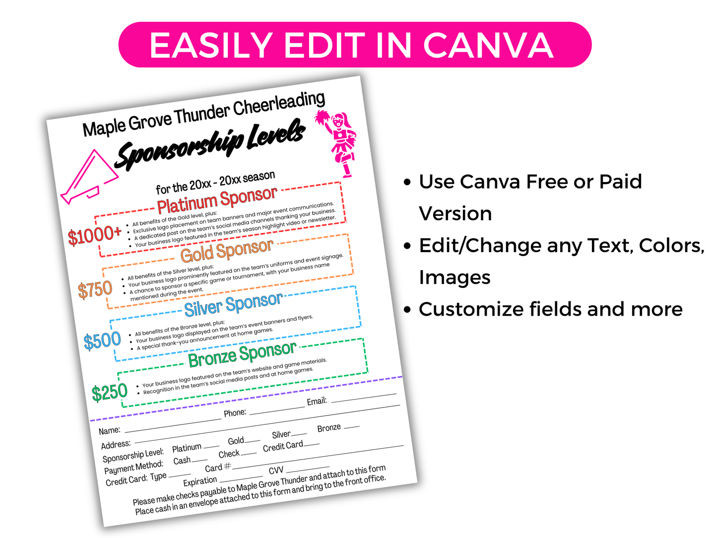 EDITABLE Cheer Sponsorship Levels Flyer Template