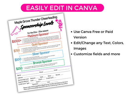 EDITABLE Cheer Sponsorship Levels Flyer Template