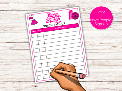 Cheer Snack Sign Up Sheet