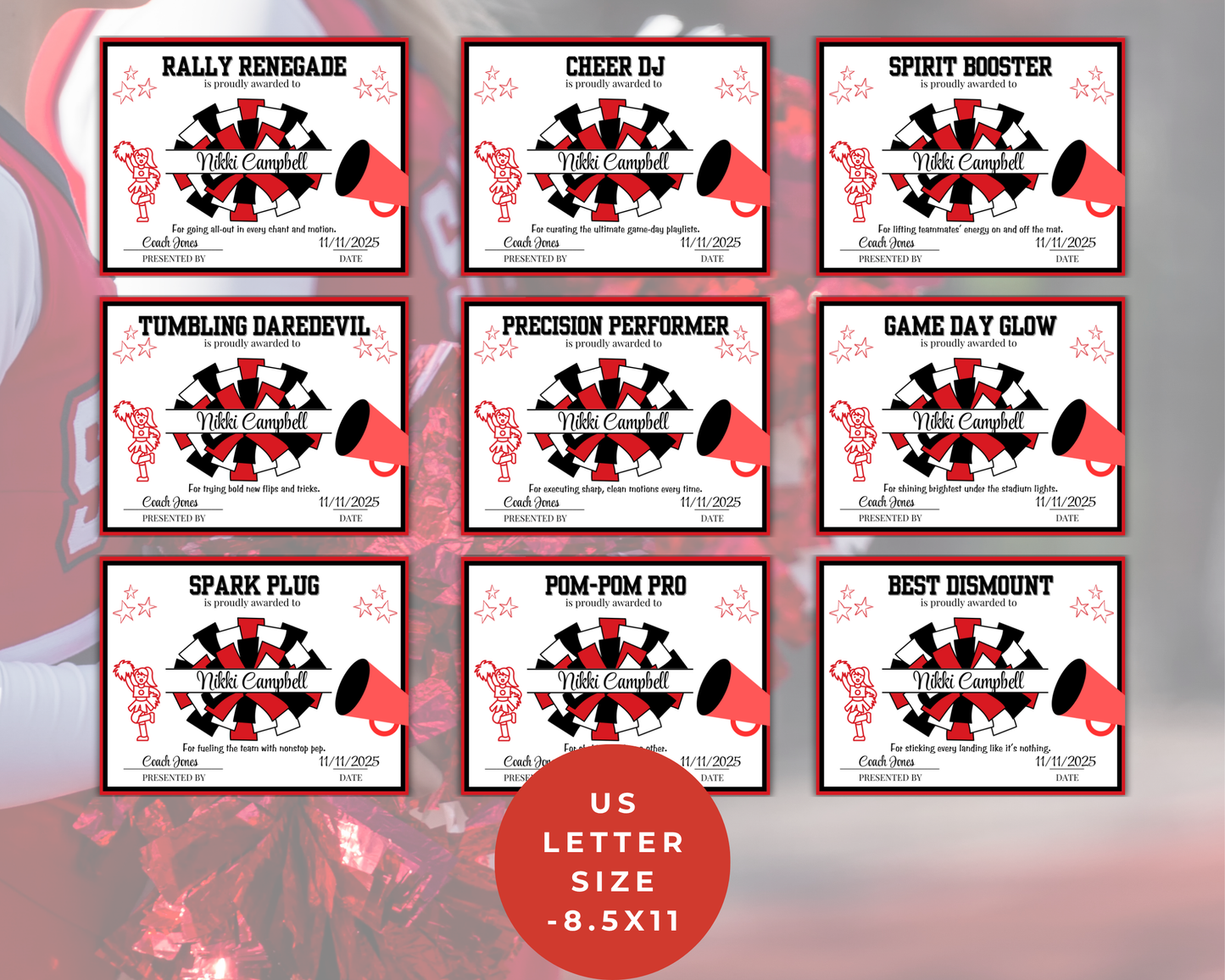 Editable Cheerleading Award Certificates