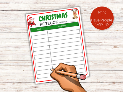 Christmas Potluck Sign Up Sheet