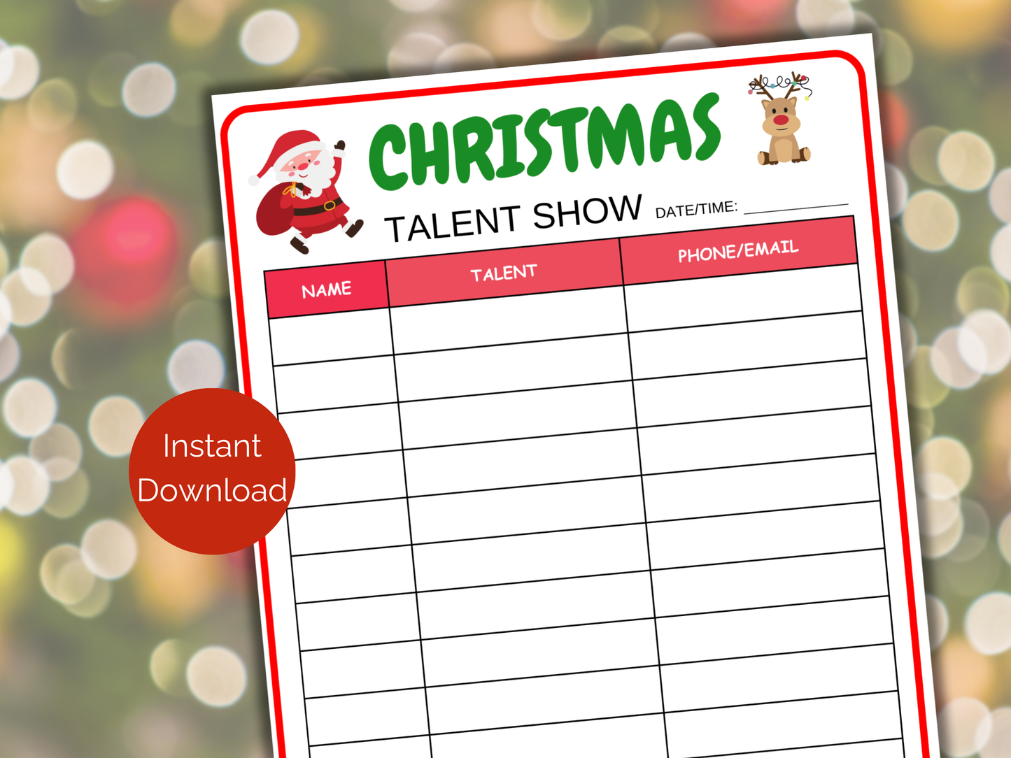 Christmas Talent Show Sign Up Sheet