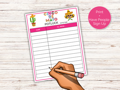 Cinco de Mayo Potluck Sign Up Sheet