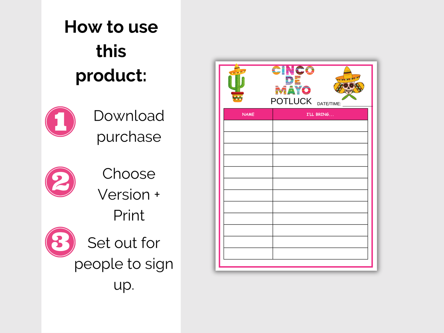 Cinco de Mayo Potluck Sign Up Sheet