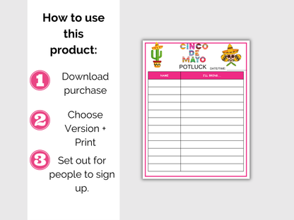 Cinco de Mayo Potluck Sign Up Sheet
