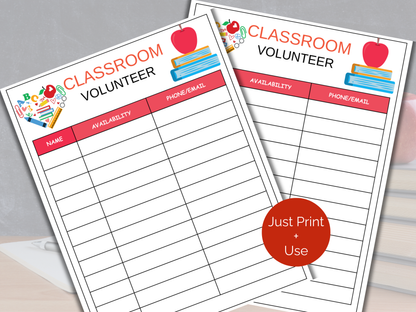 Classroom Volunteer Sign Up Sheet
