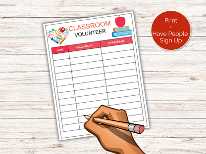 Classroom Volunteer Sign Up Sheet