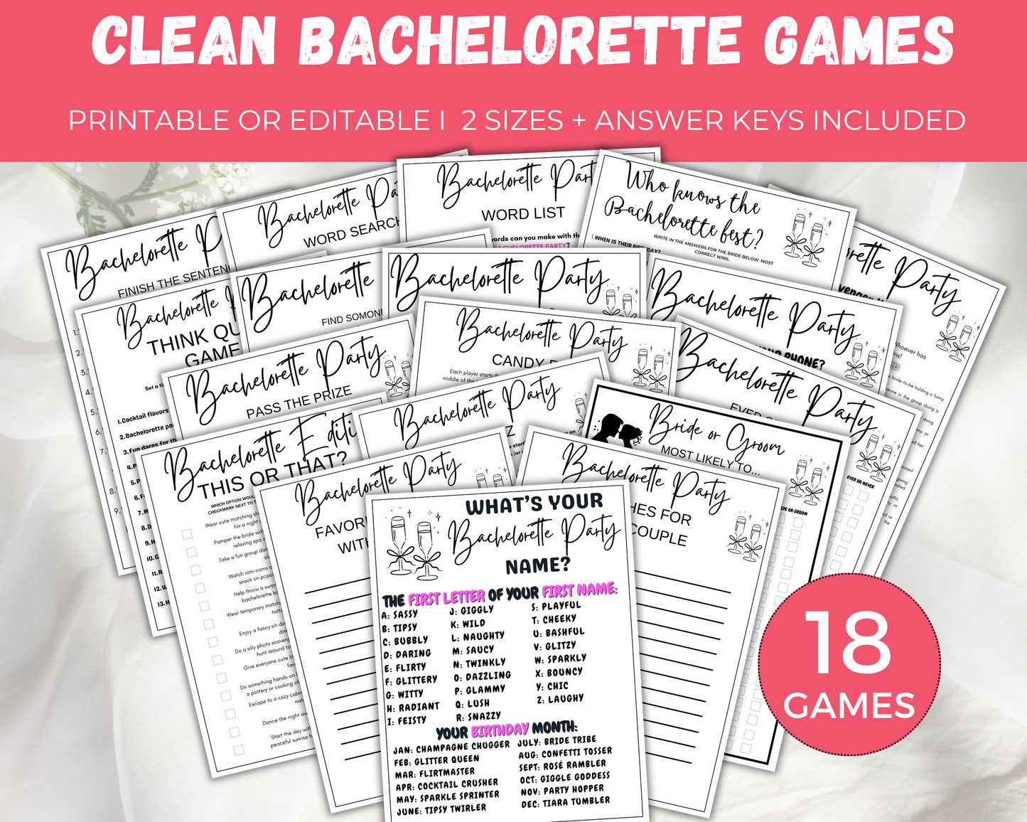 Clean Bachelorette Game Bundle Editable