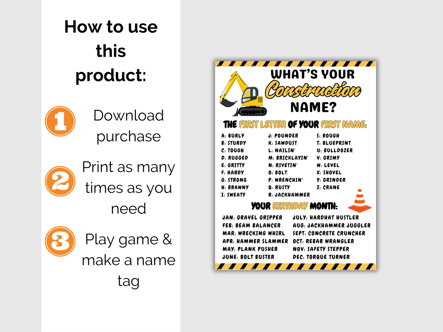 What's Your Construction Name Game + Name Tags