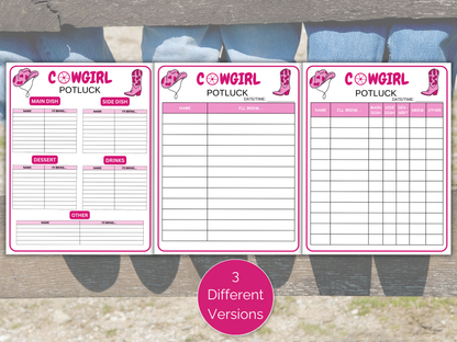 Cowgirl Baby Shower Potluck Sign Up Sheet