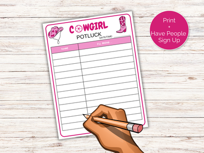 Cowgirl Baby Shower Potluck Sign Up Sheet