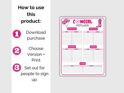 Cowgirl Baby Shower Potluck Sign Up Sheet