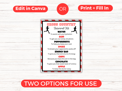 Editable Cross Country Survival Kit Gift Tag Template