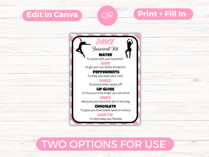 Editable Dance Survival Kit Gift Tag Template