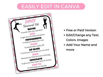 Editable Dance Survival Kit Gift Tag Template