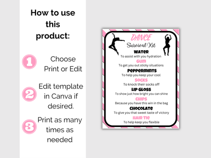 Editable Dance Survival Kit Gift Tag Template
