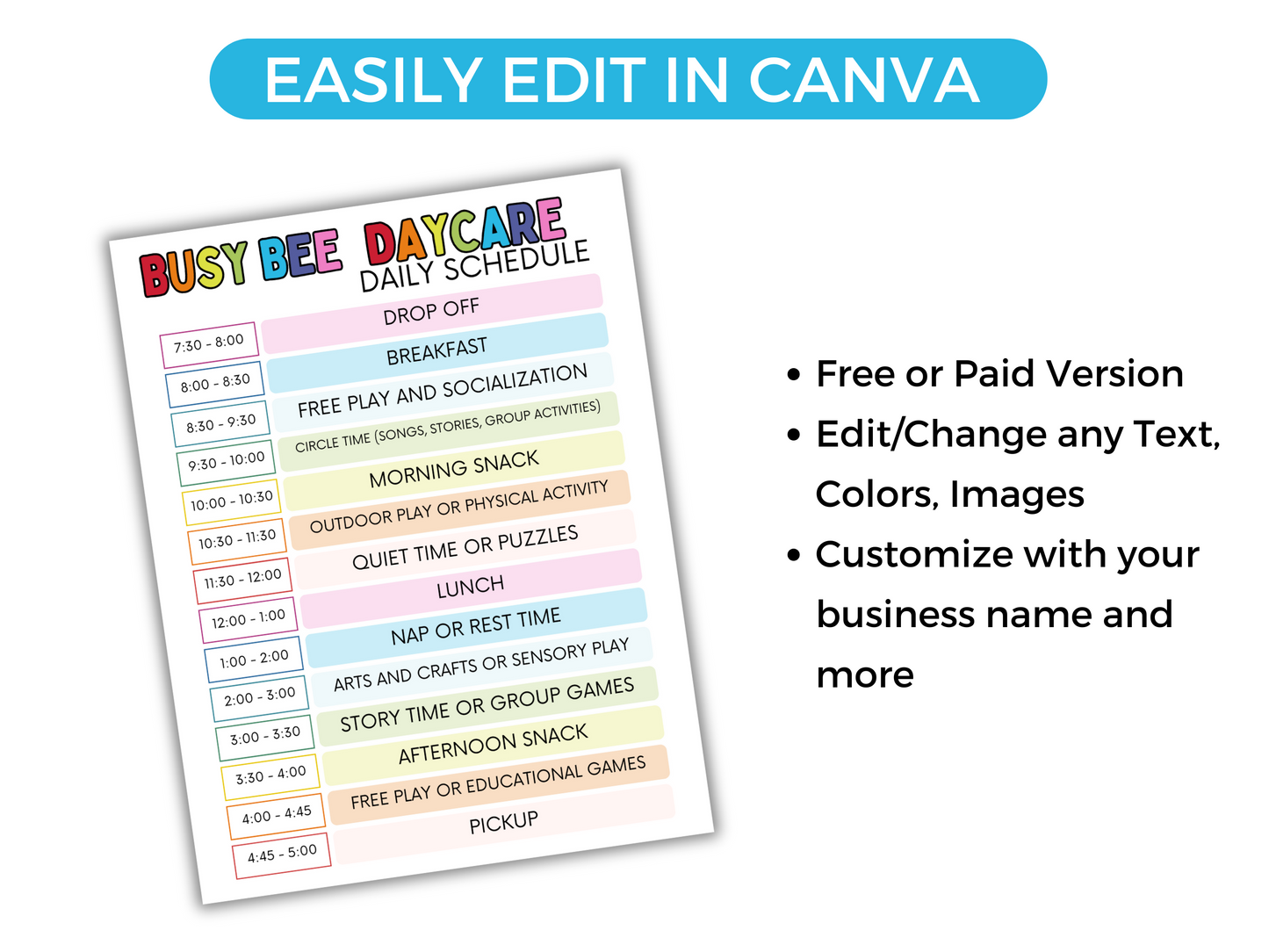 Editable Home Daycare Daily Schedule