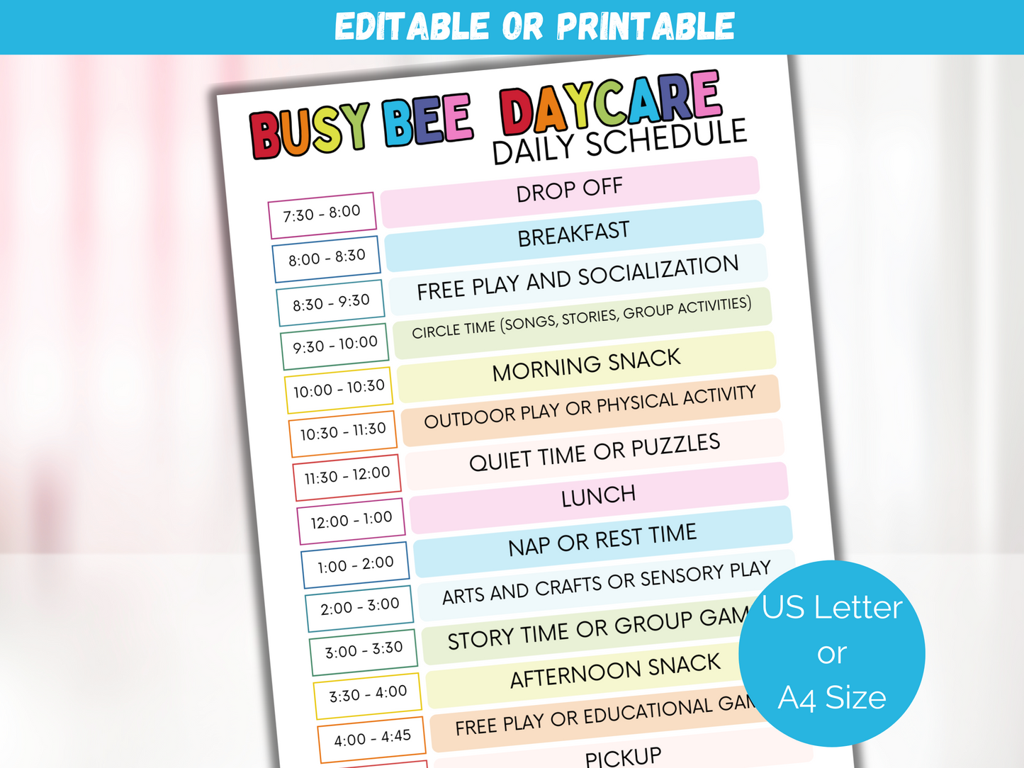 Editable Home Daycare Daily Schedule
