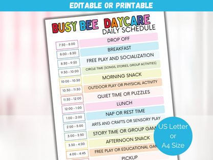 Editable Home Daycare Daily Schedule