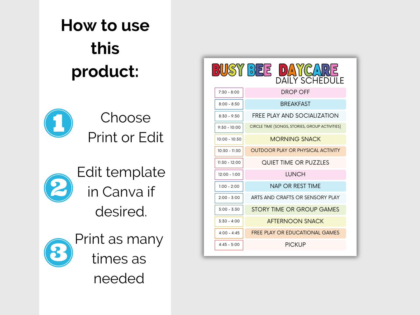 Editable Home Daycare Daily Schedule