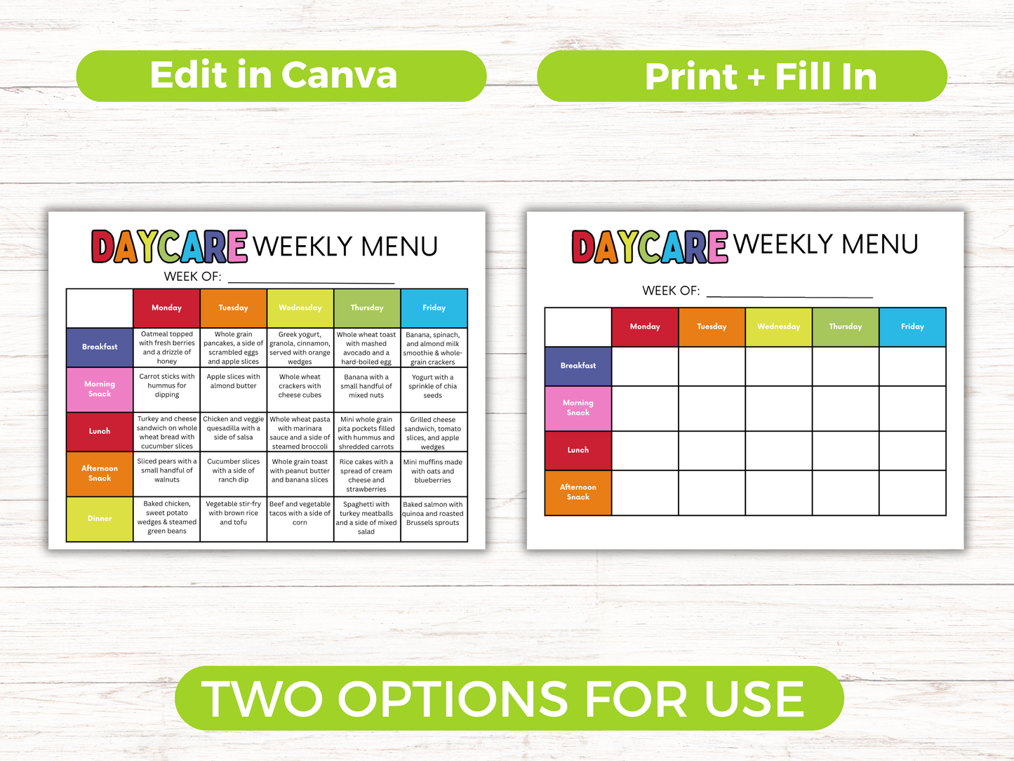 Editable Home Daycare Weekly Menu