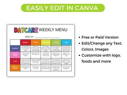 Editable Home Daycare Weekly Menu