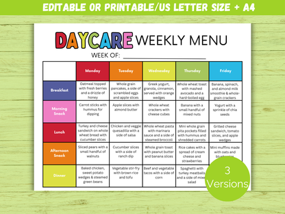 Editable Home Daycare Weekly Menu