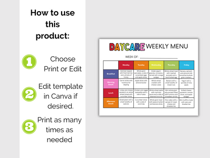 Editable Home Daycare Weekly Menu