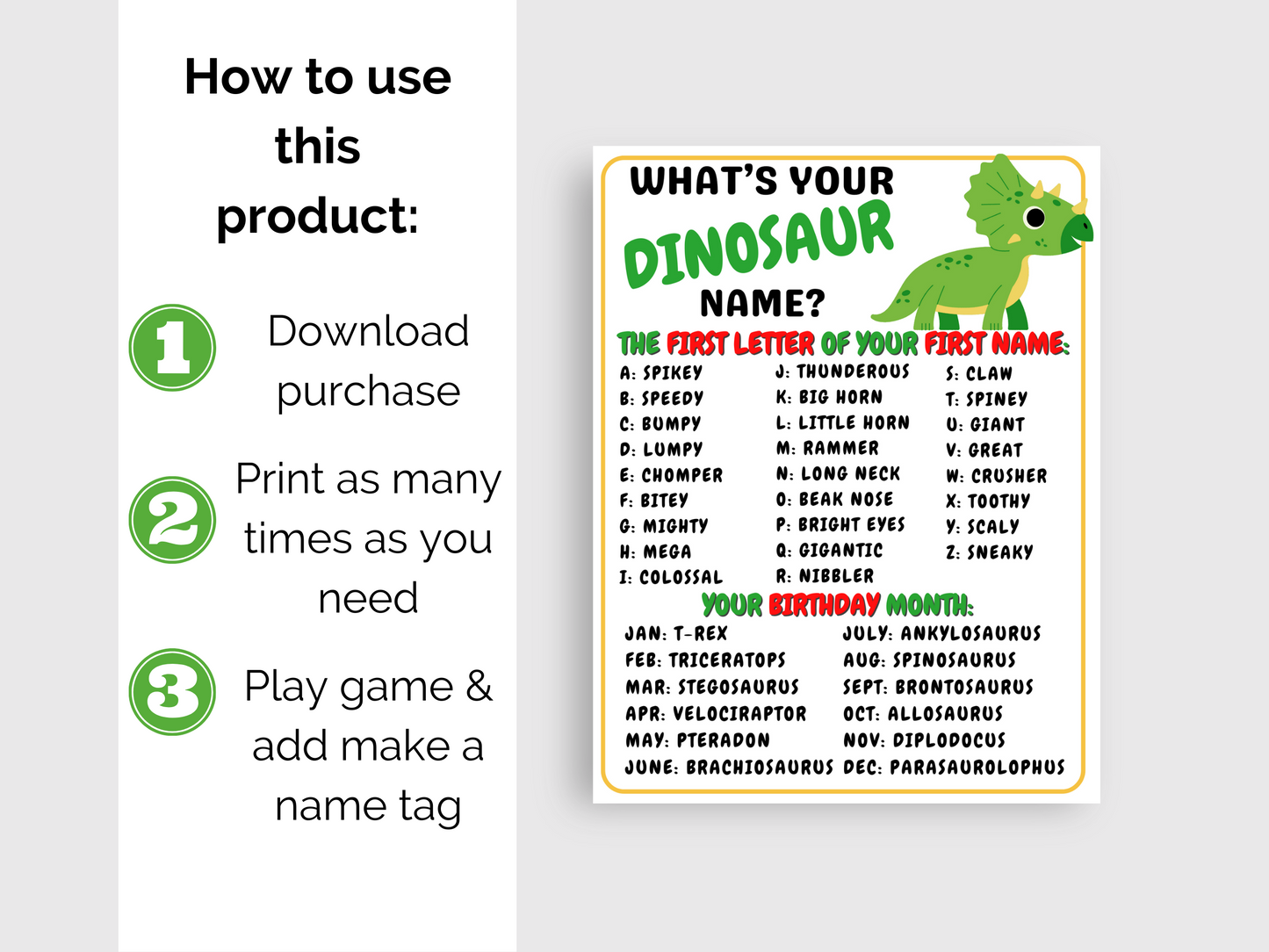 What's Your Dinosaur Name Game + Name Tags