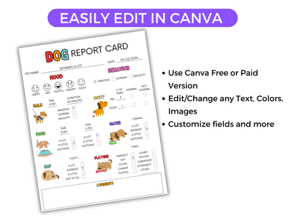 EDITABLE Dog Report Card