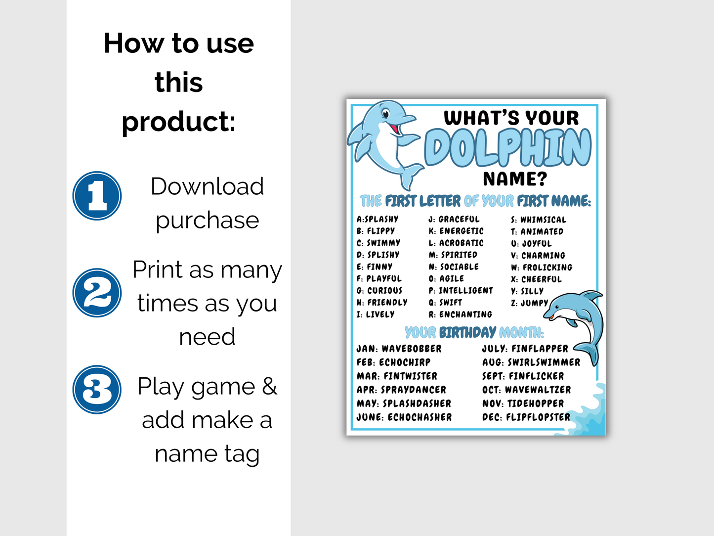 What's Your Dolphin Name Game + Name Tags