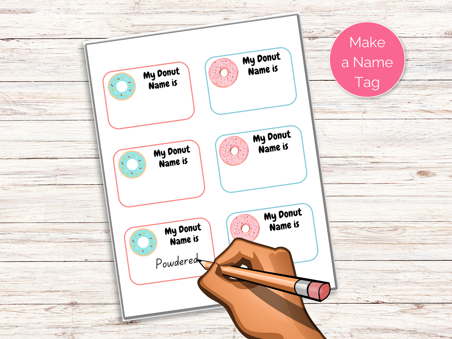 What's Your Donut Name Game + Name Tags