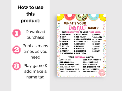 What's Your Donut Name Game + Name Tags