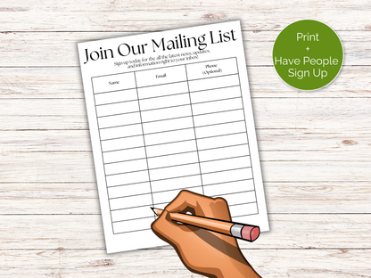 Email List Sign Up Sheet