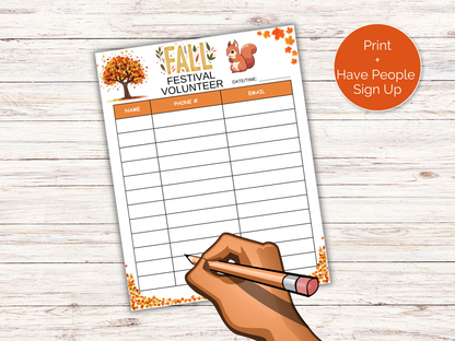 Fall Festival Volunteer Sign Up Sheet