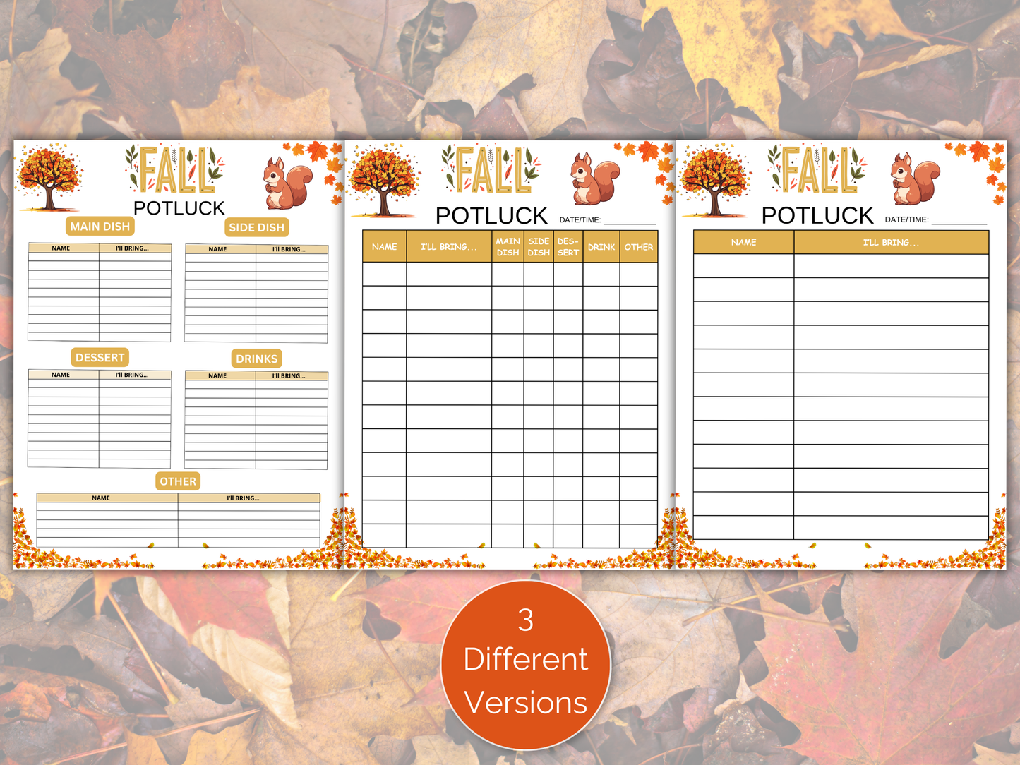 Fall Potluck Sign Up Sheet