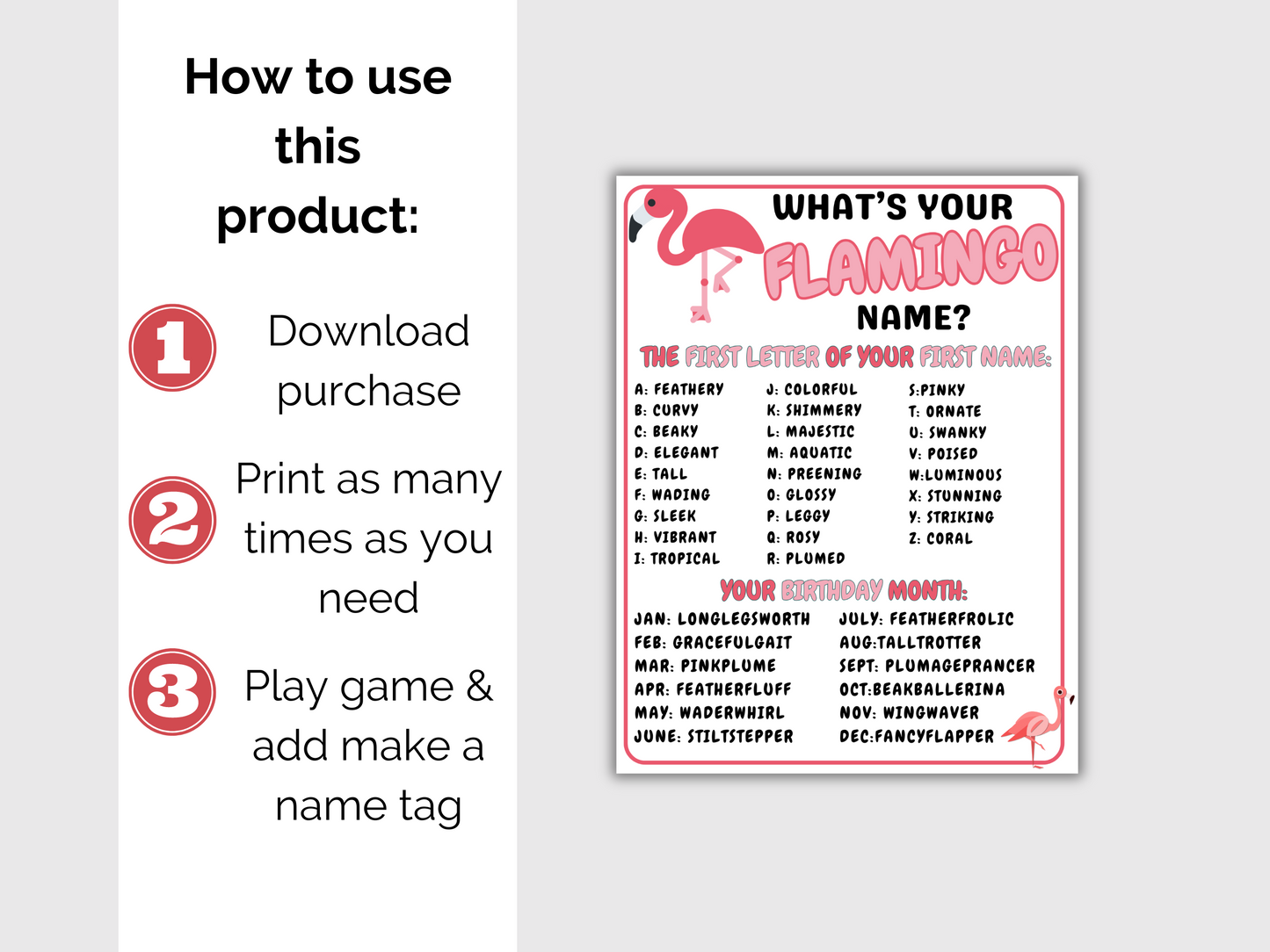 What's Your Flamingo Name Game + Name Tags