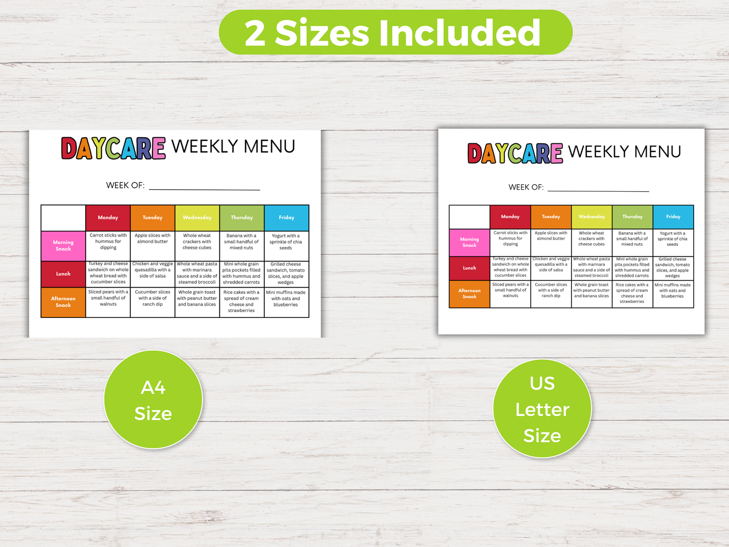 Editable Home Daycare Weekly Menu