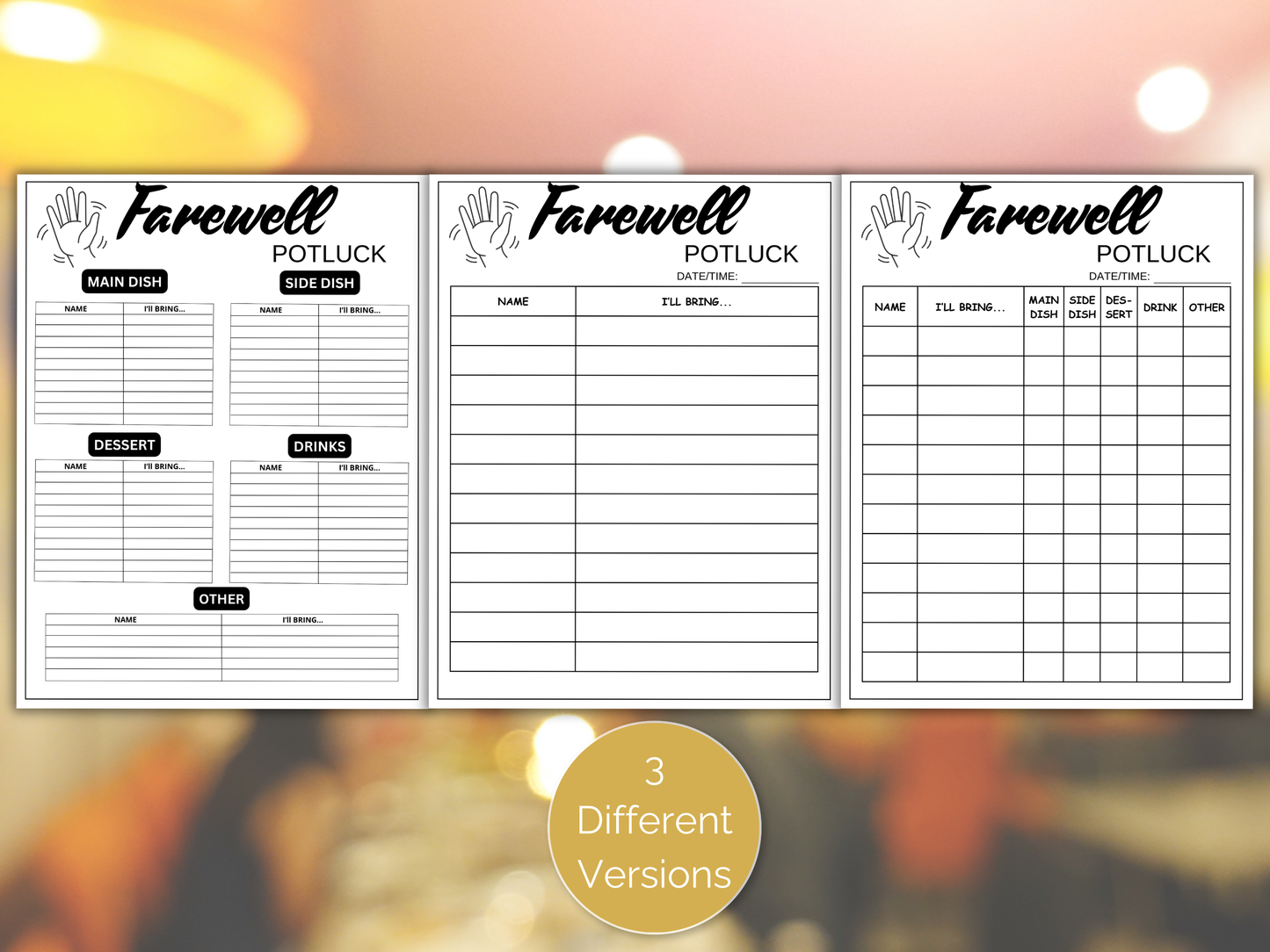 Farewell Potluck Sign Up Sheet