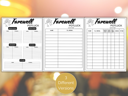 Farewell Potluck Sign Up Sheet